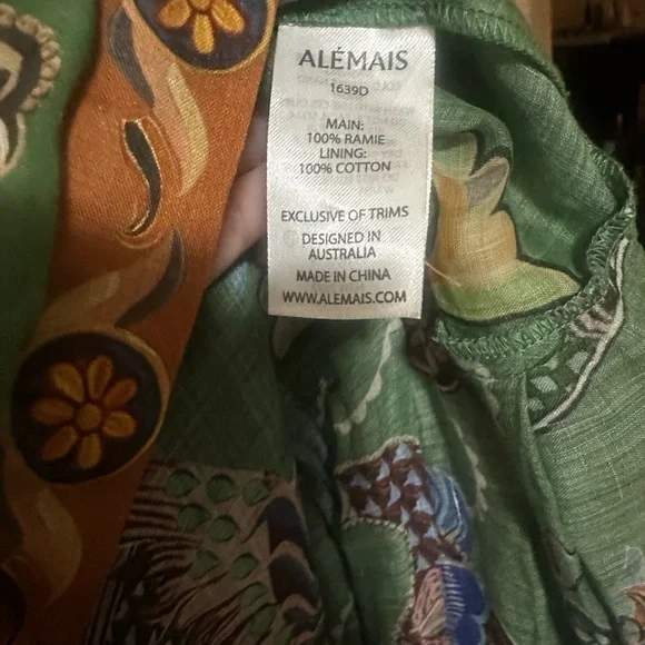 ALÉMAIS Birdie Green Ramie Shirt Dress - Printed Midi - Size US 10 / AU 14 - Picture 3 of 5
